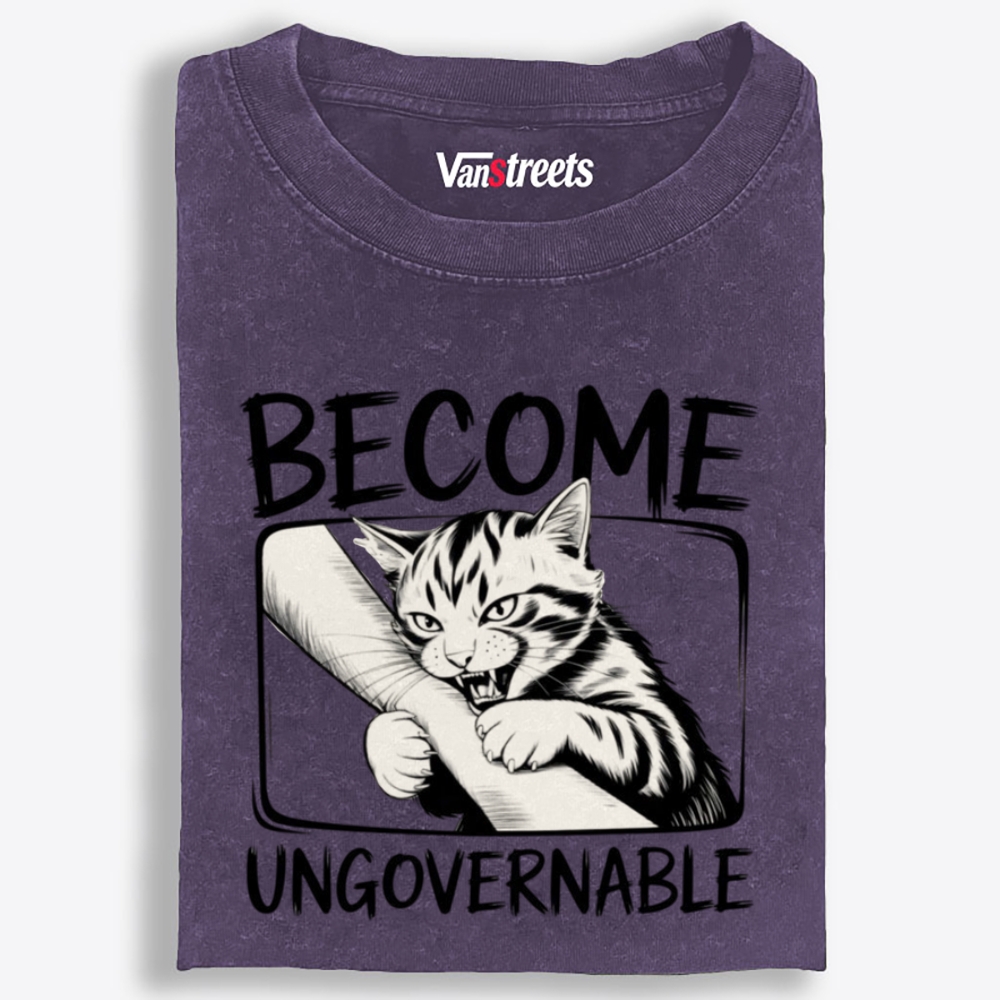 Become Ungovernable Rebel Cat Retro Washed T-Shirt | 100% Cotton | Streetwear Essential