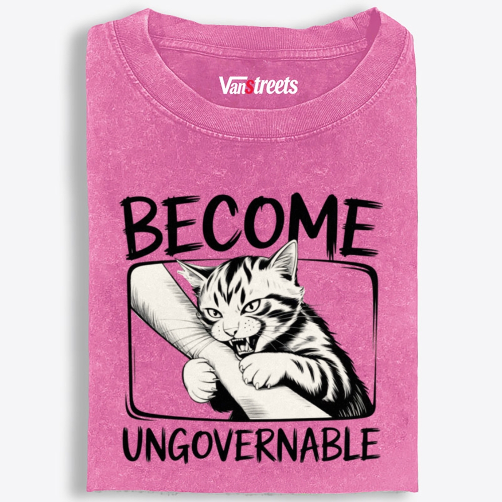 Become Ungovernable Rebel Cat Retro Washed T-Shirt | 100% Cotton | Streetwear Essential