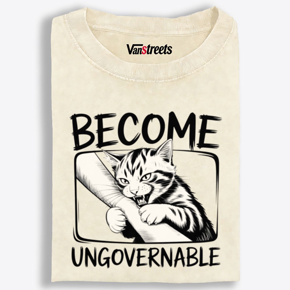 Become Ungovernable Rebel Cat Retro Washed T-Shirt | 100% Cotton | Streetwear Essential