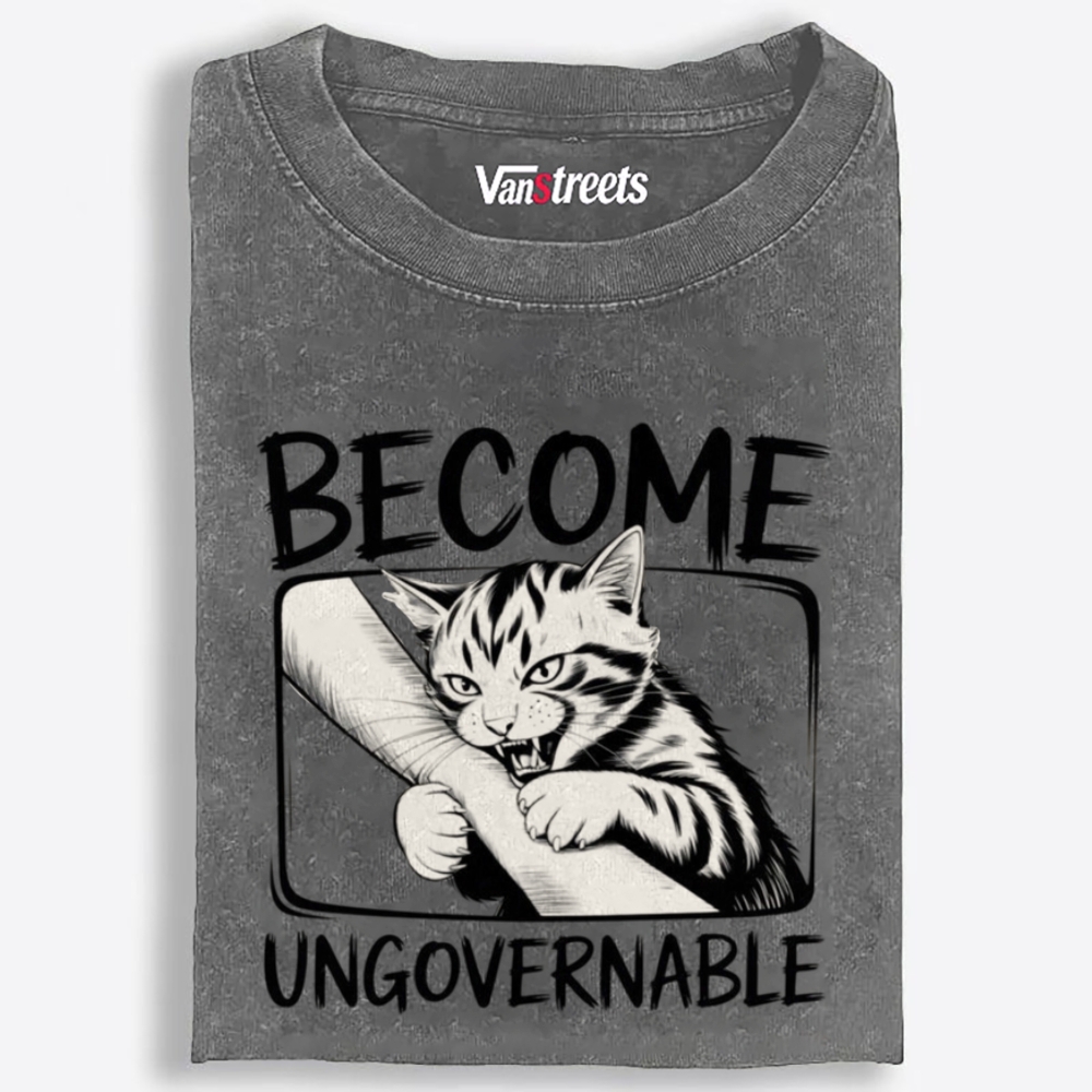 Become Ungovernable Rebel Cat Retro Washed T-Shirt | 100% Cotton | Streetwear Essential