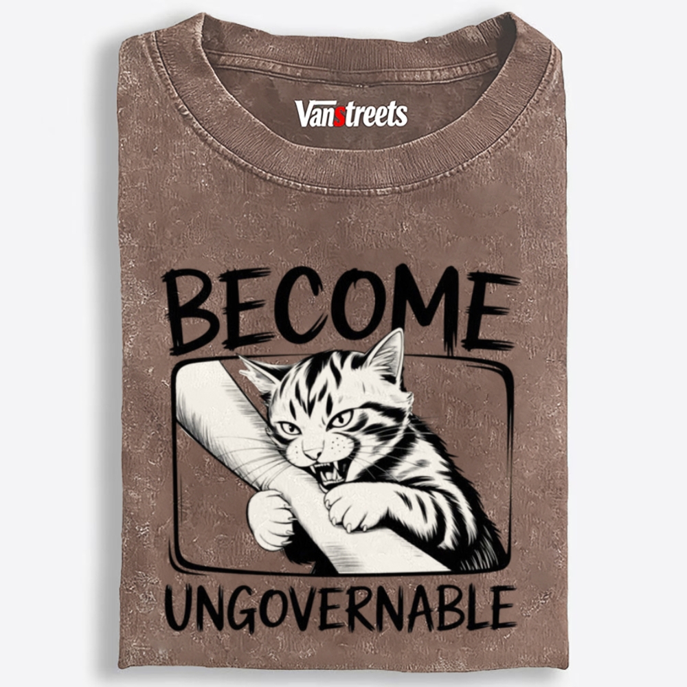 Become Ungovernable Rebel Cat Retro Washed T-Shirt | 100% Cotton | Streetwear Essential