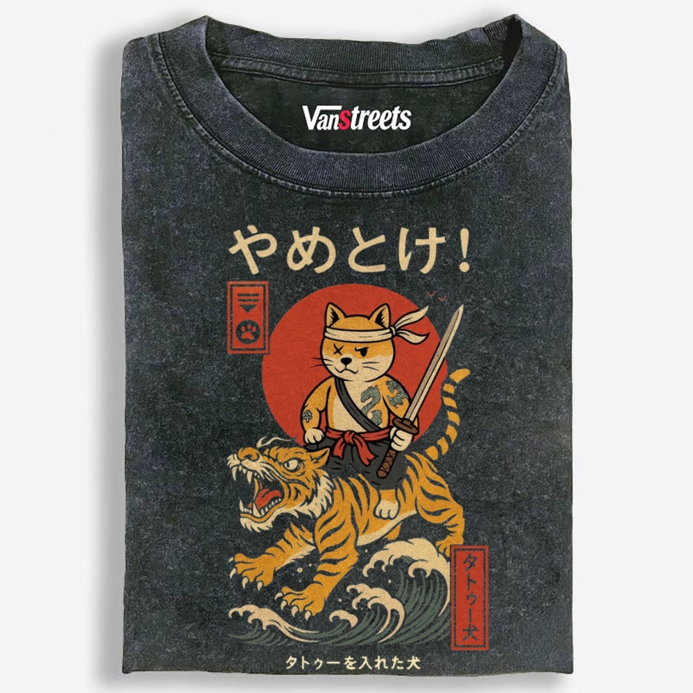 Samurai Shiba Riding Tiger Retro Washed T-Shirt | 100% Cotton | Streetwear Essential