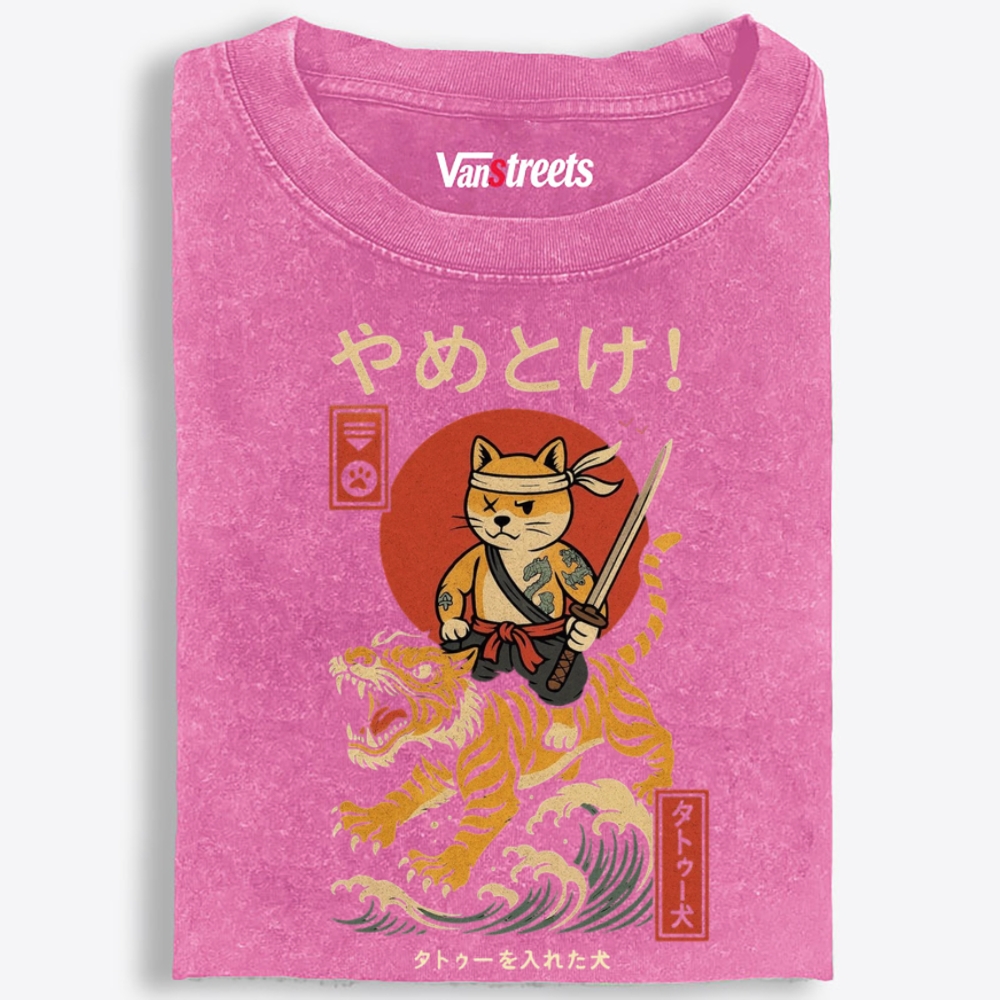 Samurai Shiba Riding Tiger Retro Washed T-Shirt | 100% Cotton | Streetwear Essential