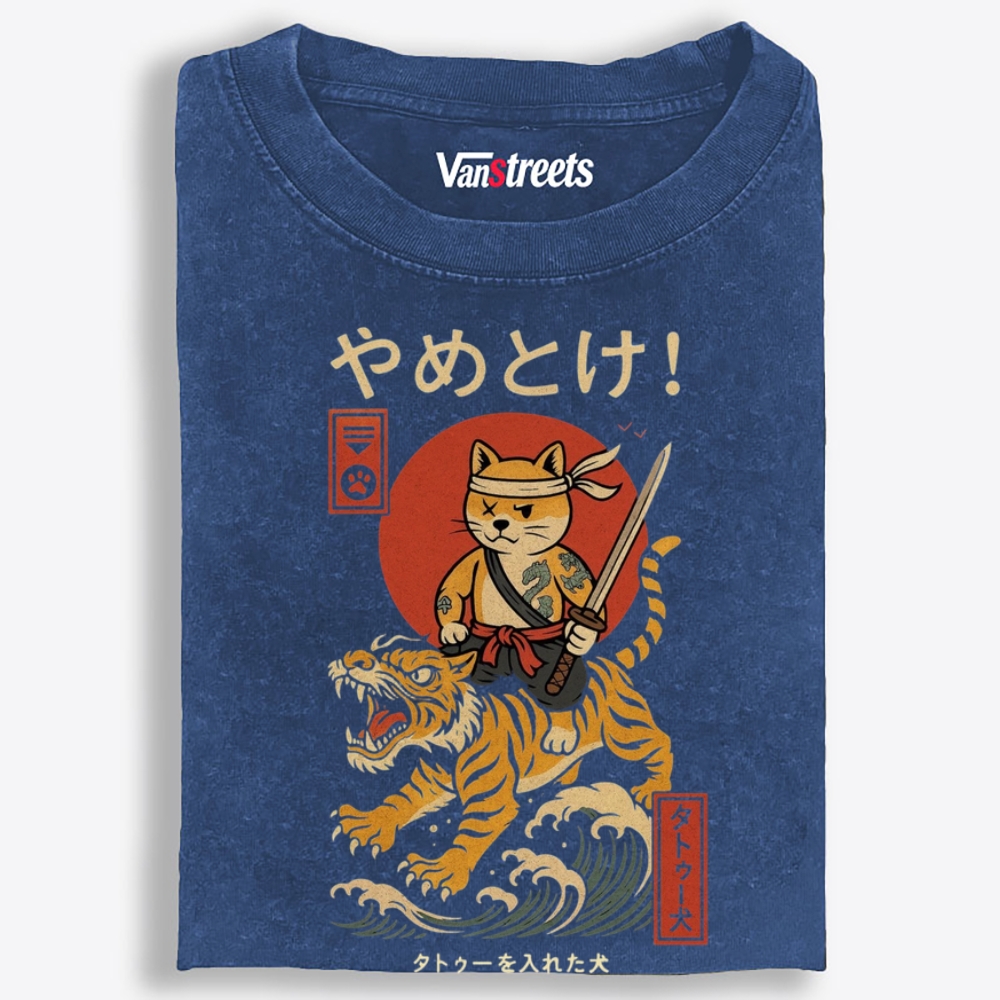 Samurai Shiba Riding Tiger Retro Washed T-Shirt | 100% Cotton | Streetwear Essential