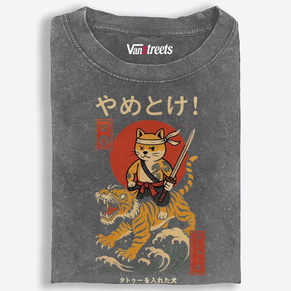 Samurai Shiba Riding Tiger Retro Washed T-Shirt | 100% Cotton | Streetwear Essential