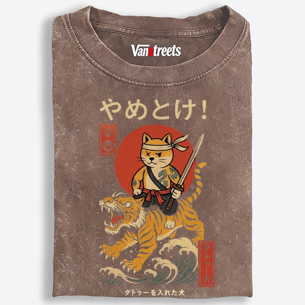 Samurai Shiba Riding Tiger Retro Washed T-Shirt | 100% Cotton | Streetwear Essential