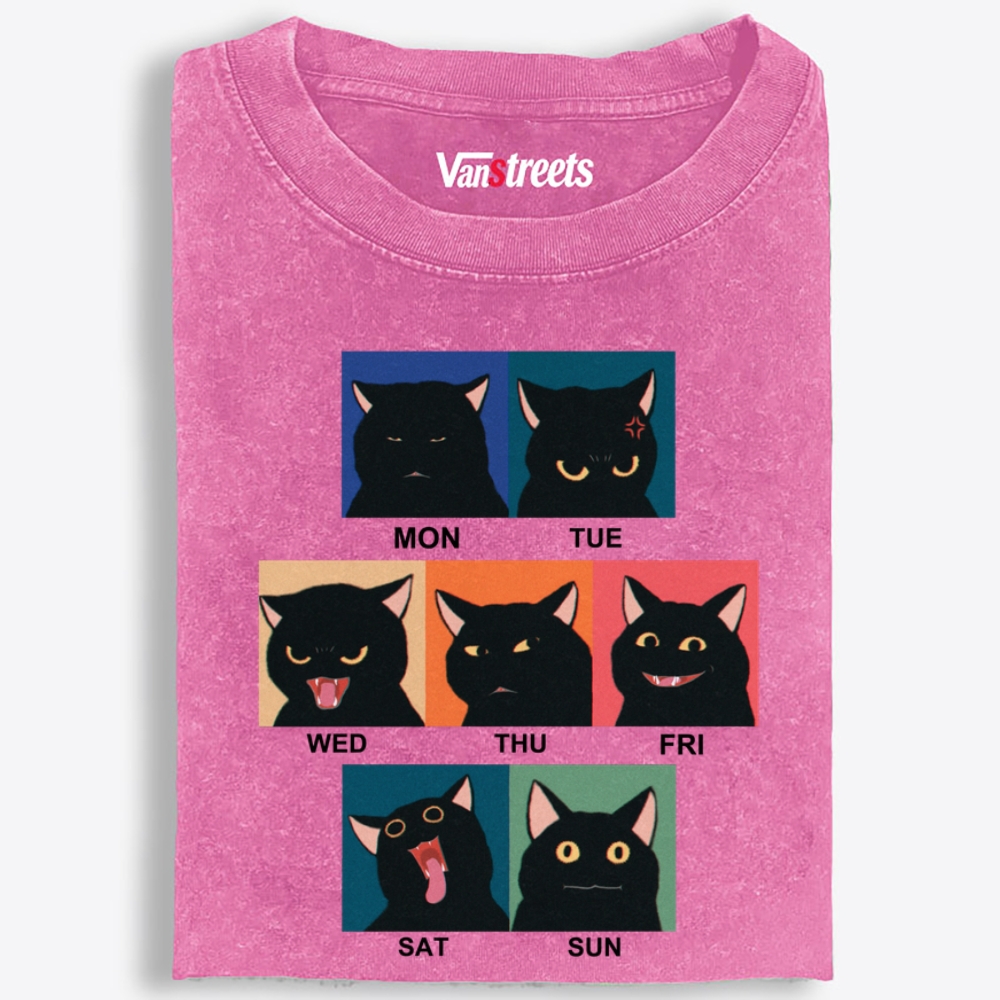 Black Cat Work Week Mood Retro Washed T-Shirt | 100% Cotton | Streetwear Essential