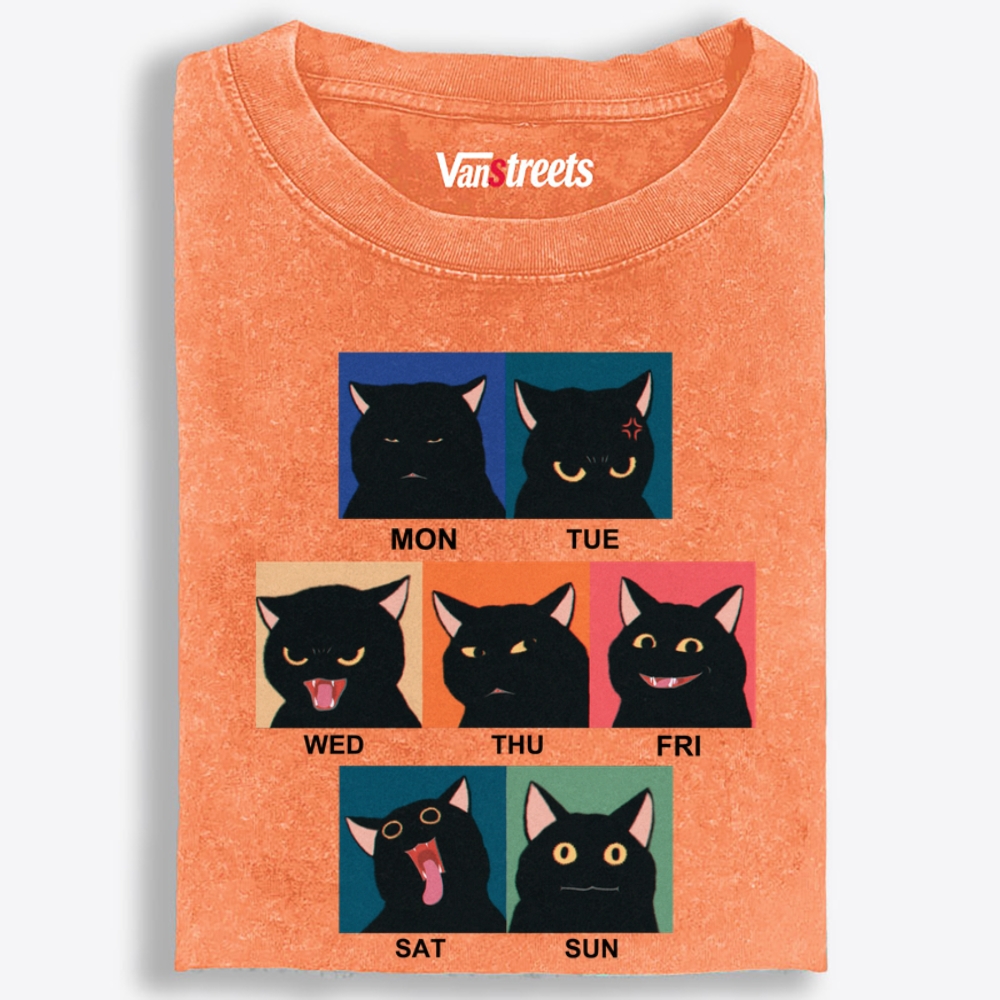 Black Cat Work Week Mood Retro Washed T-Shirt | 100% Cotton | Streetwear Essential