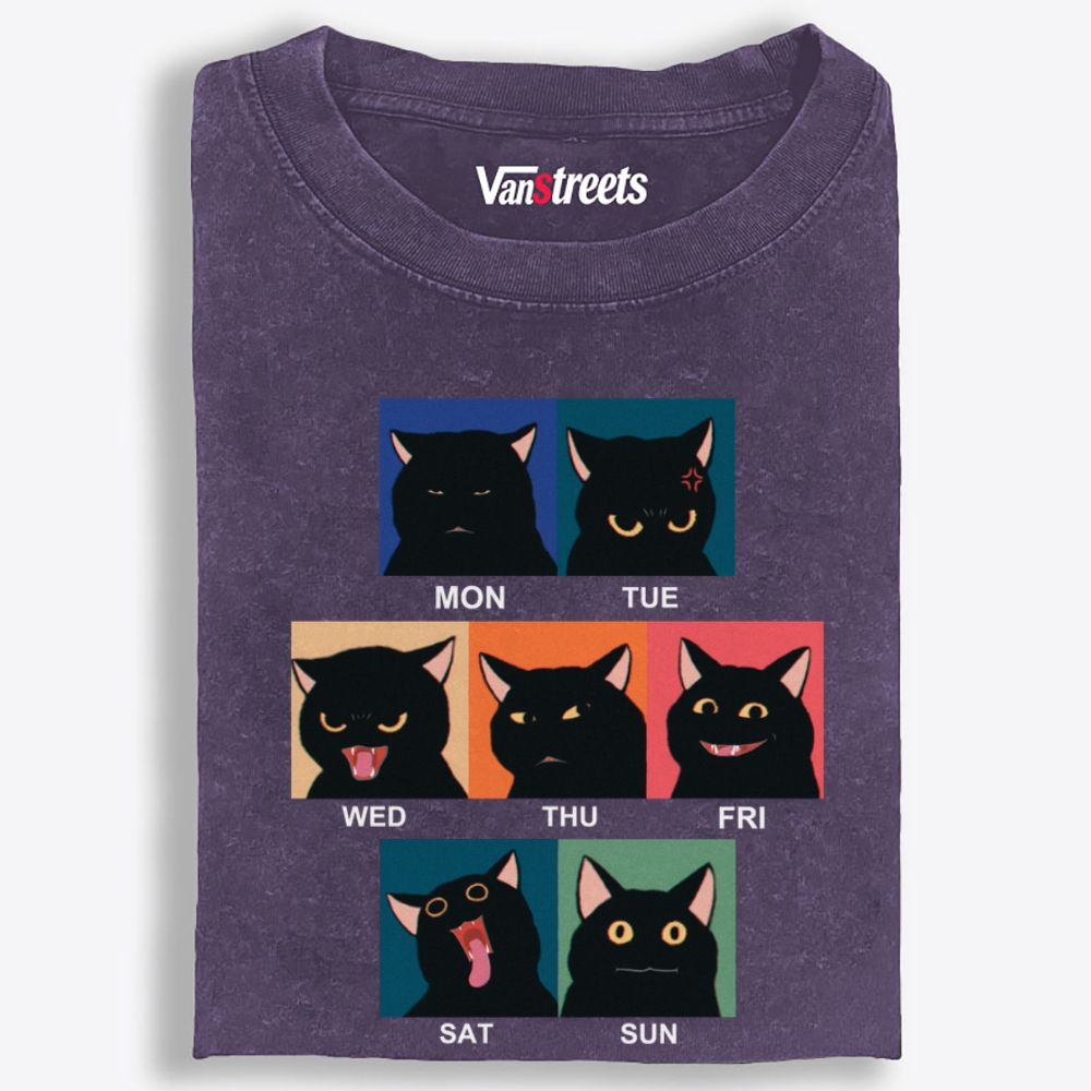 Black Cat Work Week Mood Retro Washed T-Shirt | 100% Cotton | Streetwear Essential