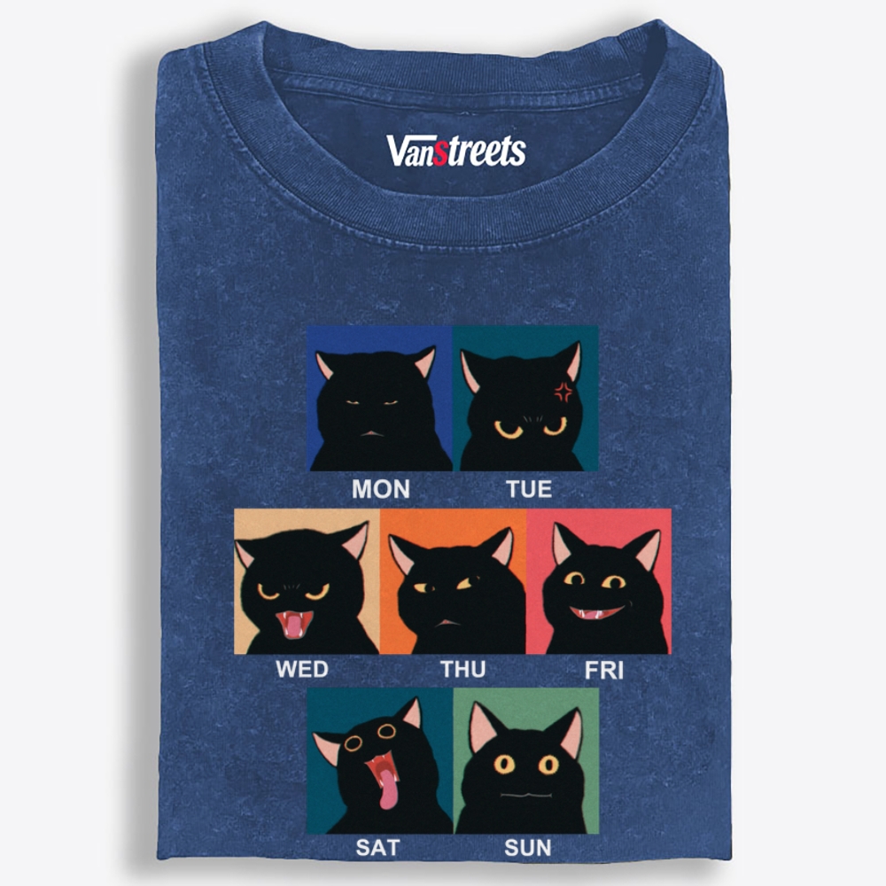Black Cat Work Week Mood Retro Washed T-Shirt | 100% Cotton | Streetwear Essential