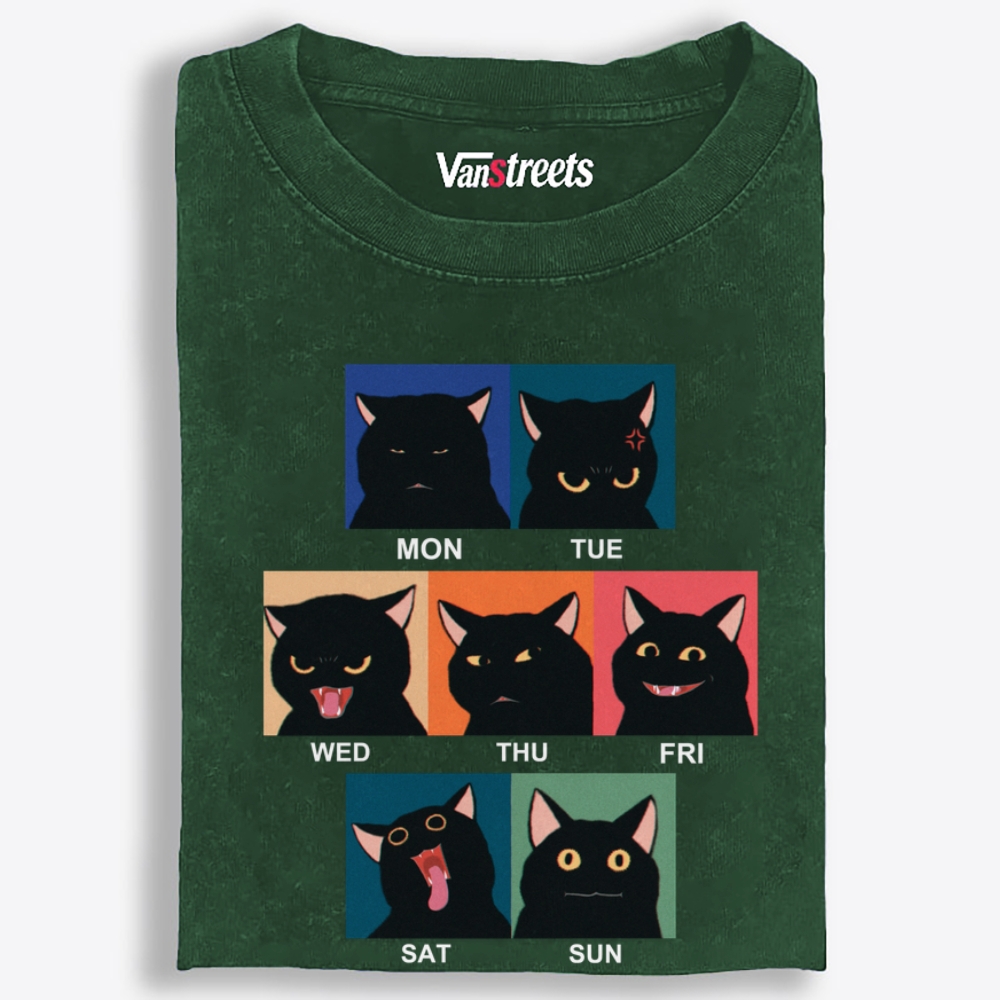 Black Cat Work Week Mood Retro Washed T-Shirt | 100% Cotton | Streetwear Essential