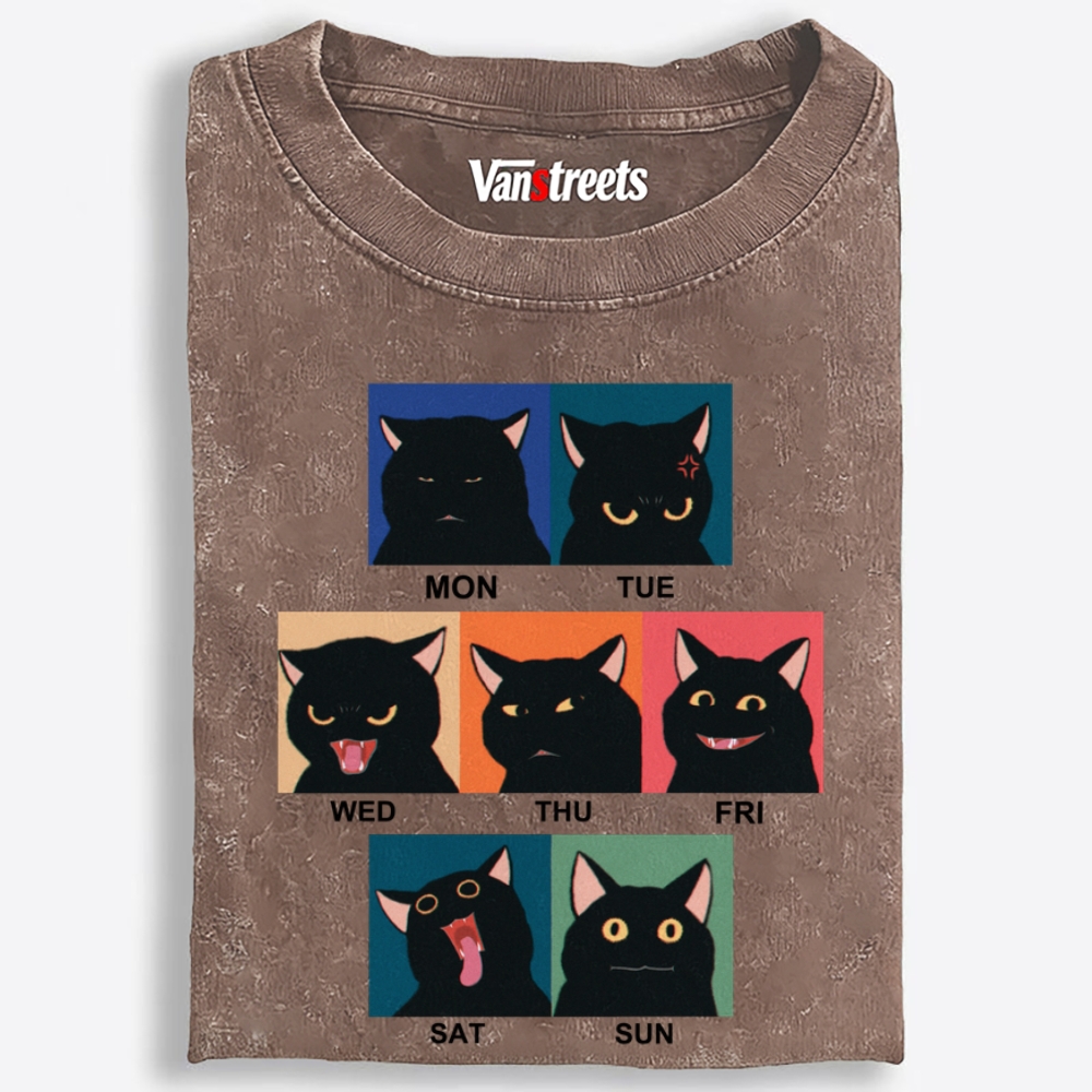 Black Cat Work Week Mood Retro Washed T-Shirt | 100% Cotton | Streetwear Essential