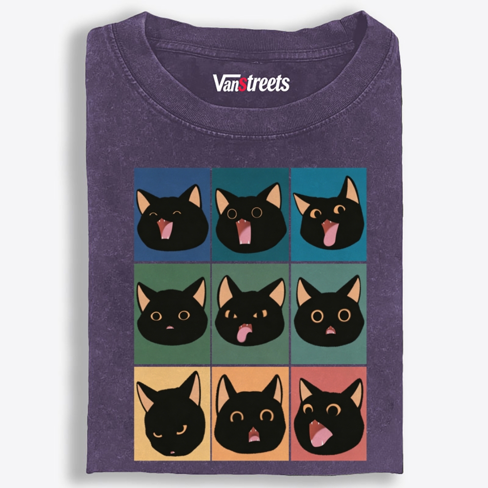 9 Moods Black Cat Emoji Retro Washed T-Shirt | 100% Cotton | Streetwear Essential
