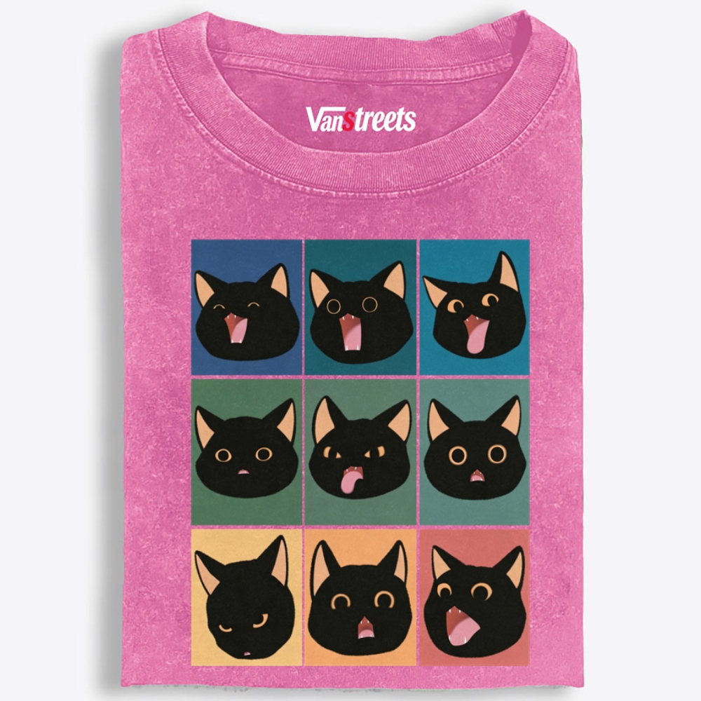 9 Moods Black Cat Emoji Retro Washed T-Shirt | 100% Cotton | Streetwear Essential