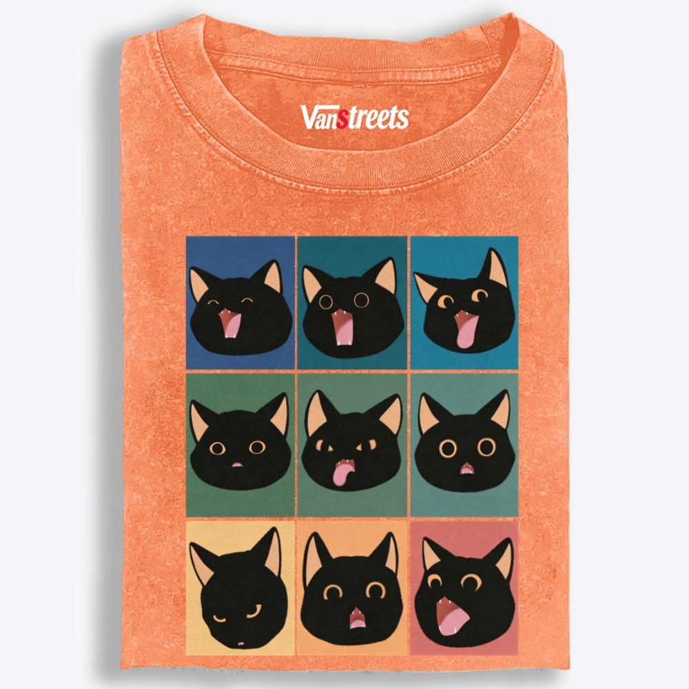 9 Moods Black Cat Emoji Retro Washed T-Shirt | 100% Cotton | Streetwear Essential