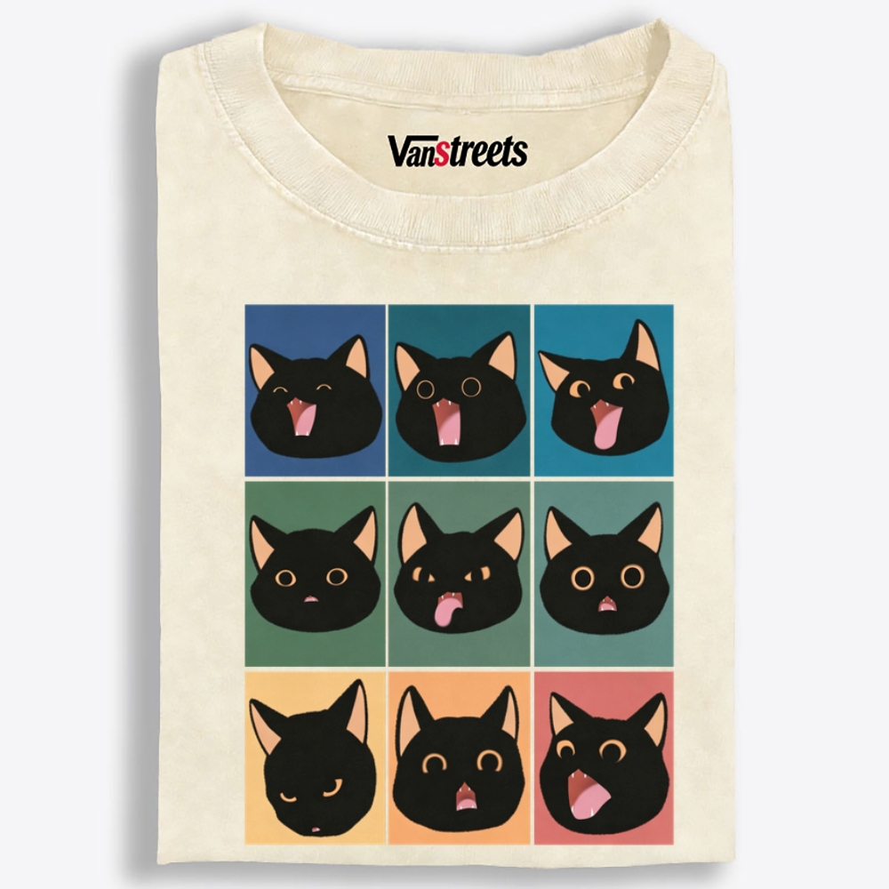 9 Moods Black Cat Emoji Retro Washed T-Shirt | 100% Cotton | Streetwear Essential