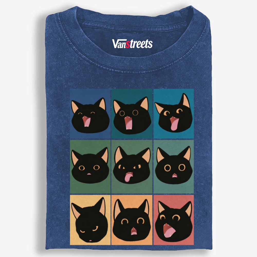 9 Moods Black Cat Emoji Retro Washed T-Shirt | 100% Cotton | Streetwear Essential
