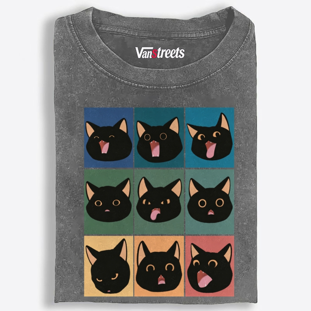 9 Moods Black Cat Emoji Retro Washed T-Shirt | 100% Cotton | Streetwear Essential