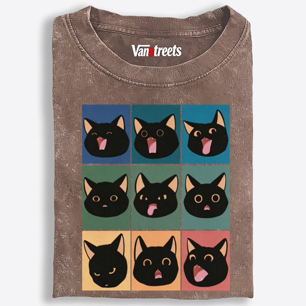 9 Moods Black Cat Emoji Retro Washed T-Shirt | 100% Cotton | Streetwear Essential