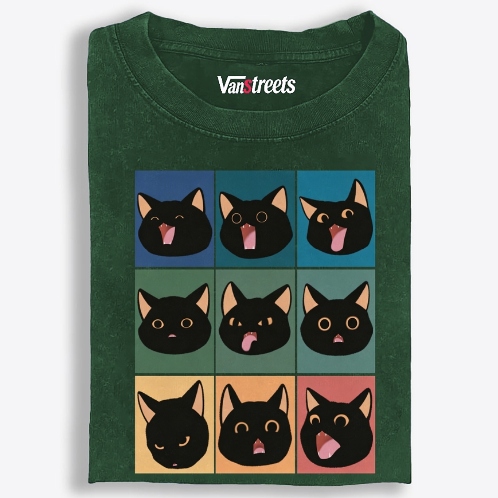 9 Moods Black Cat Emoji Retro Washed T-Shirt | 100% Cotton | Streetwear Essential