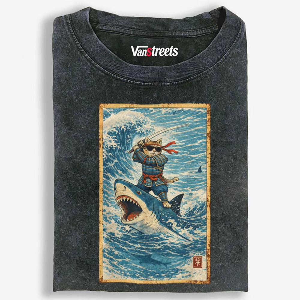 Samurai Cat Riding Shark Retro Washed T-Shirt | 100% Cotton | Streetwear Essential