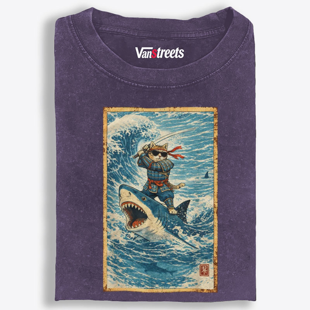 Samurai Cat Riding Shark Retro Washed T-Shirt | 100% Cotton | Streetwear Essential