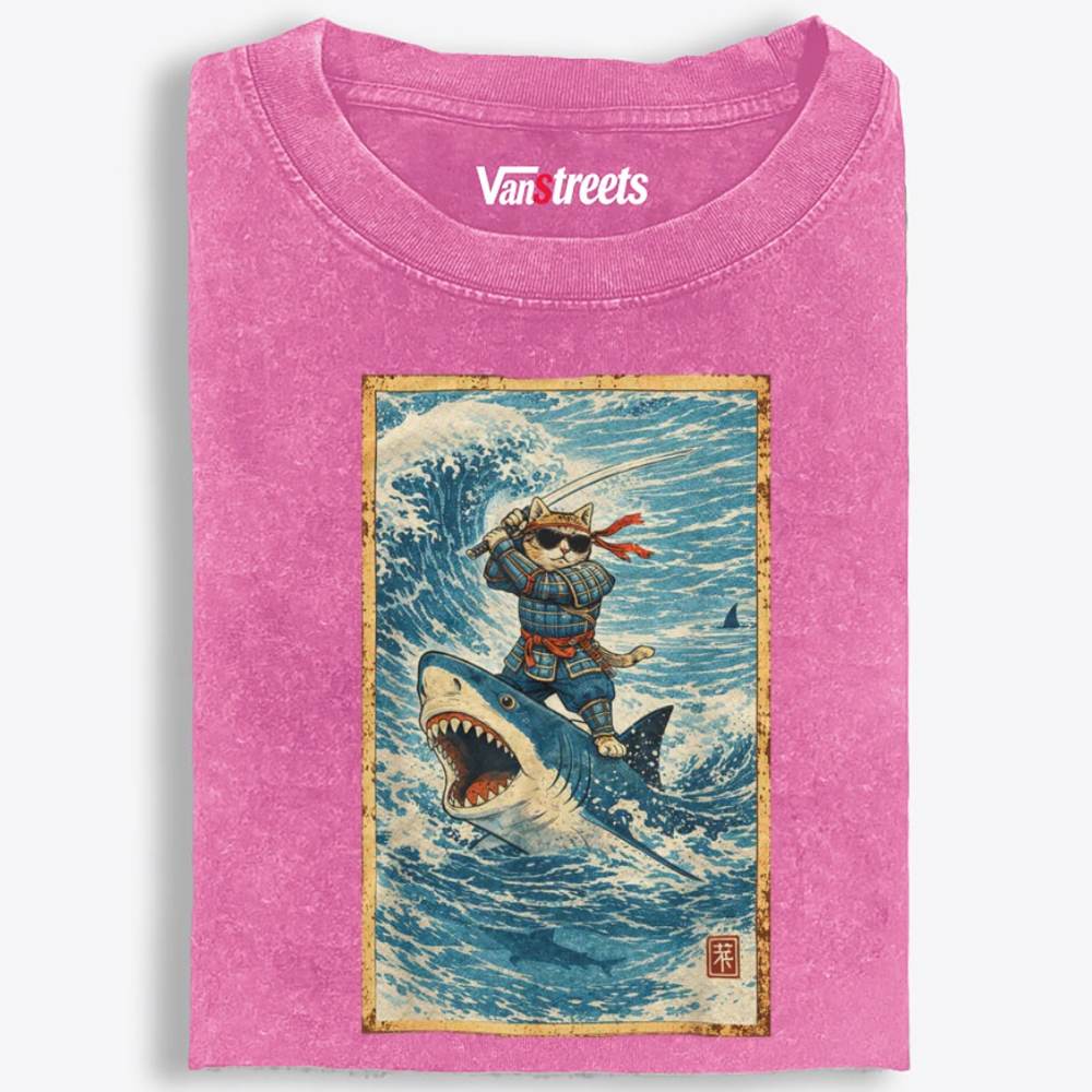 Samurai Cat Riding Shark Retro Washed T-Shirt | 100% Cotton | Streetwear Essential