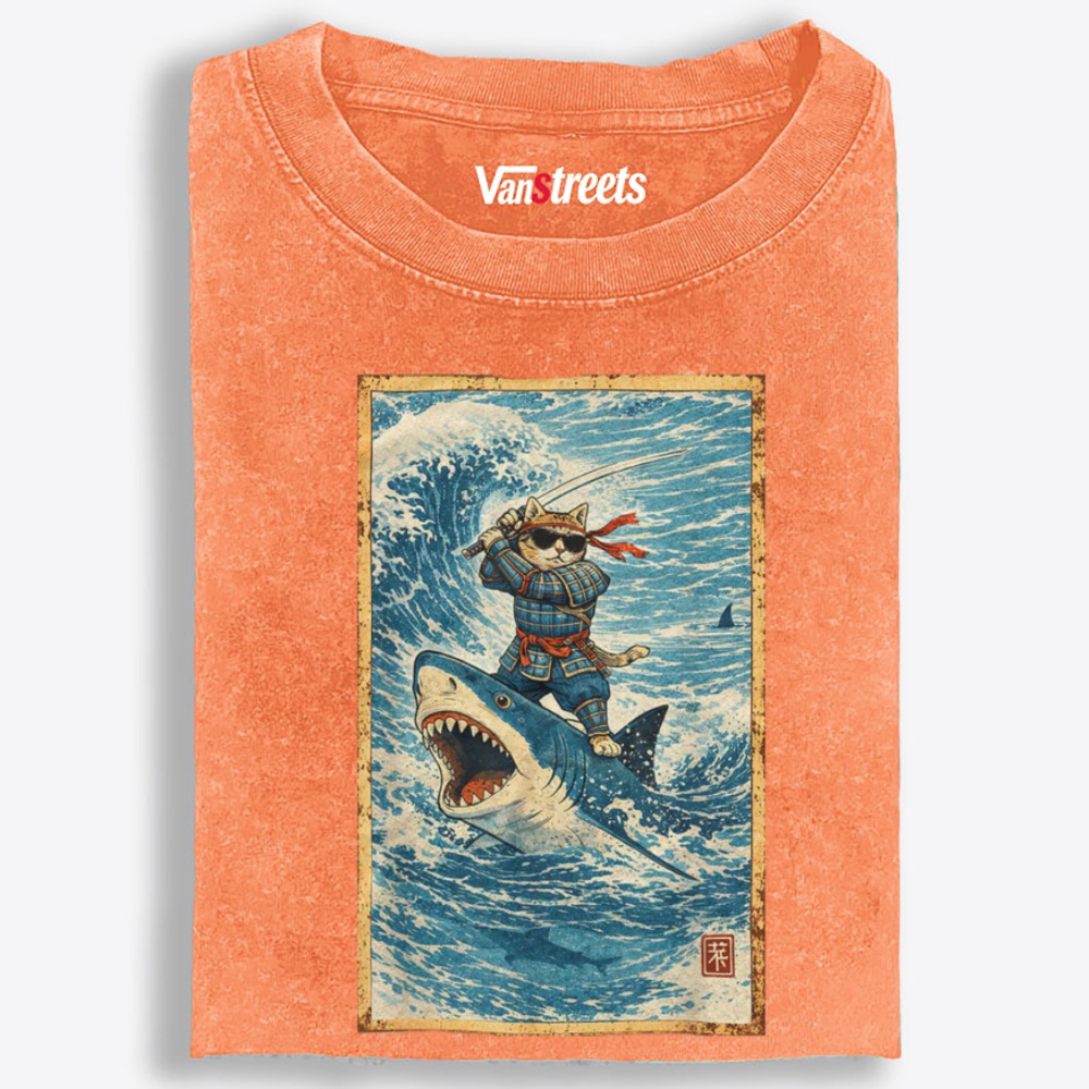 Samurai Cat Riding Shark Retro Washed T-Shirt | 100% Cotton | Streetwear Essential
