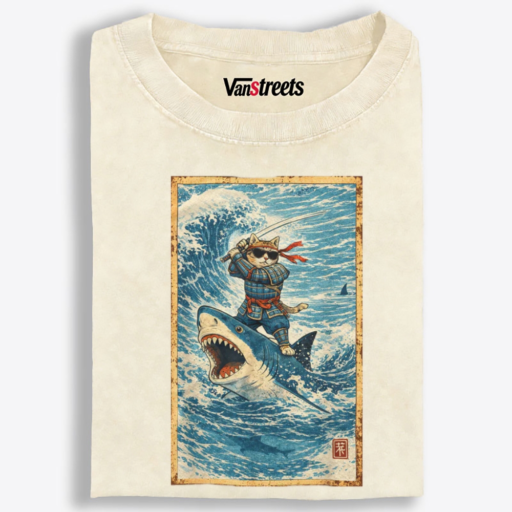 Samurai Cat Riding Shark Retro Washed T-Shirt | 100% Cotton | Streetwear Essential