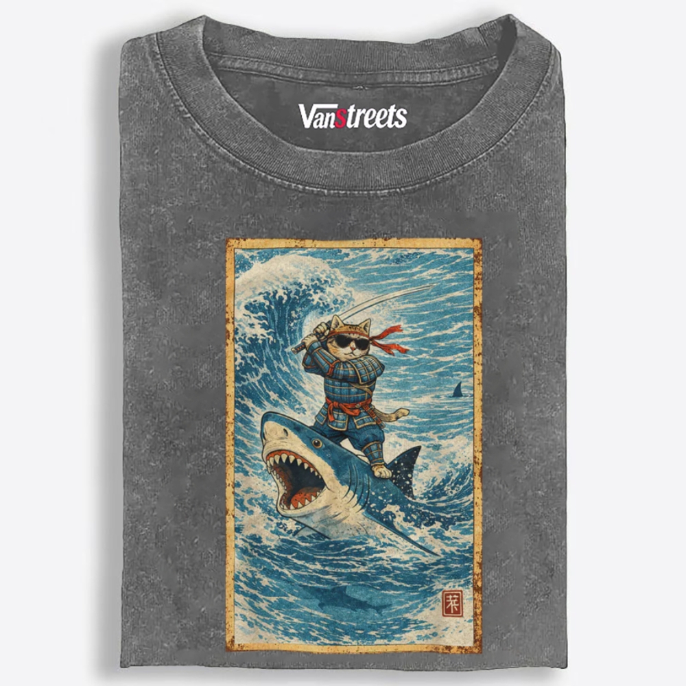 Samurai Cat Riding Shark Retro Washed T-Shirt | 100% Cotton | Streetwear Essential