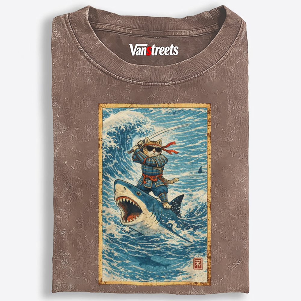 Samurai Cat Riding Shark Retro Washed T-Shirt | 100% Cotton | Streetwear Essential