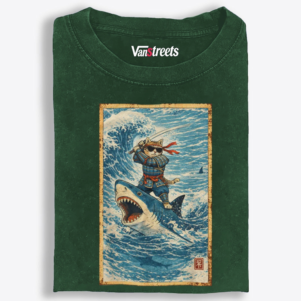Samurai Cat Riding Shark Retro Washed T-Shirt | 100% Cotton | Streetwear Essential