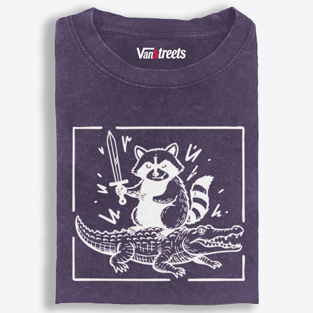 Raccoon Knight Riding Crocodile Retro Washed T-Shirt | 100% Cotton | Streetwear Essential