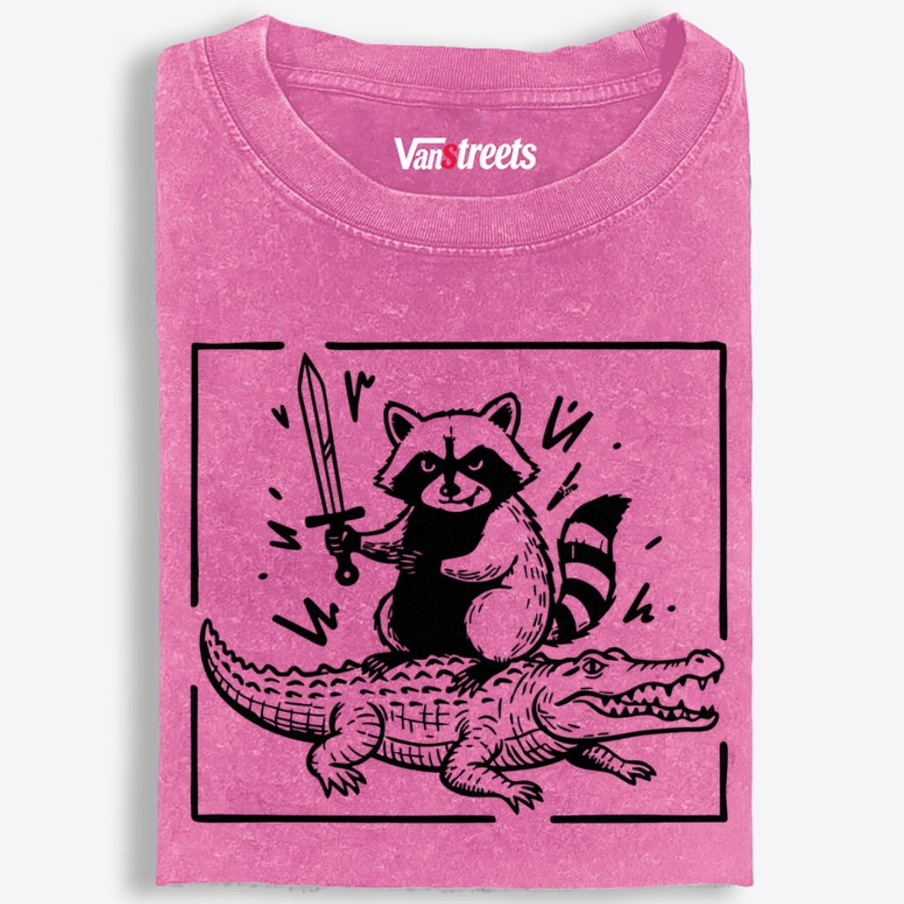 Raccoon Knight Riding Crocodile Retro Washed T-Shirt | 100% Cotton | Streetwear Essential