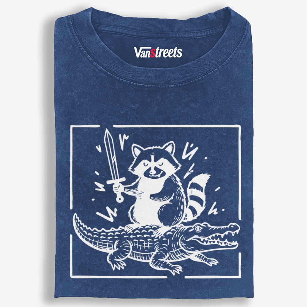 Raccoon Knight Riding Crocodile Retro Washed T-Shirt | 100% Cotton | Streetwear Essential