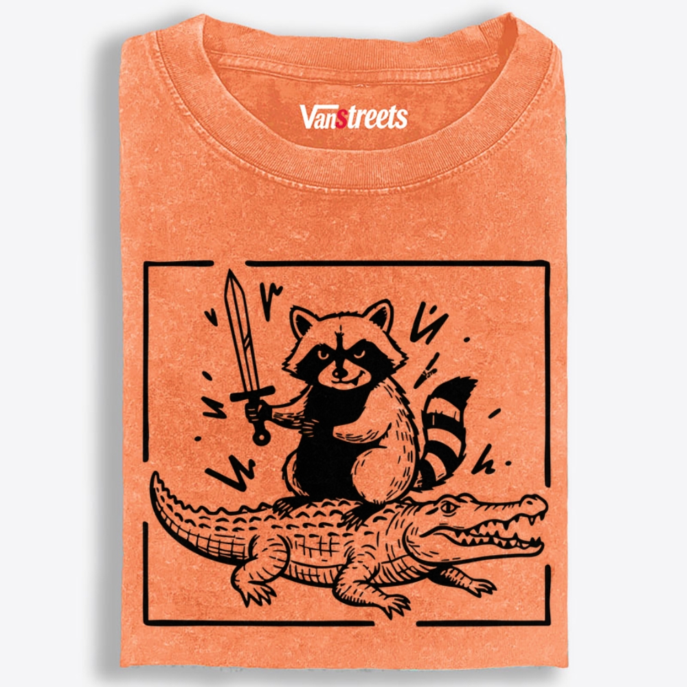 Raccoon Knight Riding Crocodile Retro Washed T-Shirt | 100% Cotton | Streetwear Essential