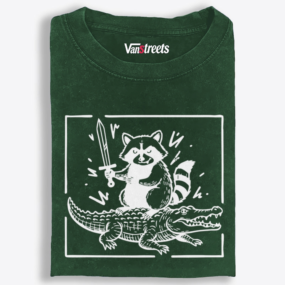 Raccoon Knight Riding Crocodile Retro Washed T-Shirt | 100% Cotton | Streetwear Essential
