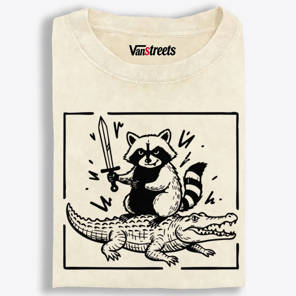 Raccoon Knight Riding Crocodile Retro Washed T-Shirt | 100% Cotton | Streetwear Essential