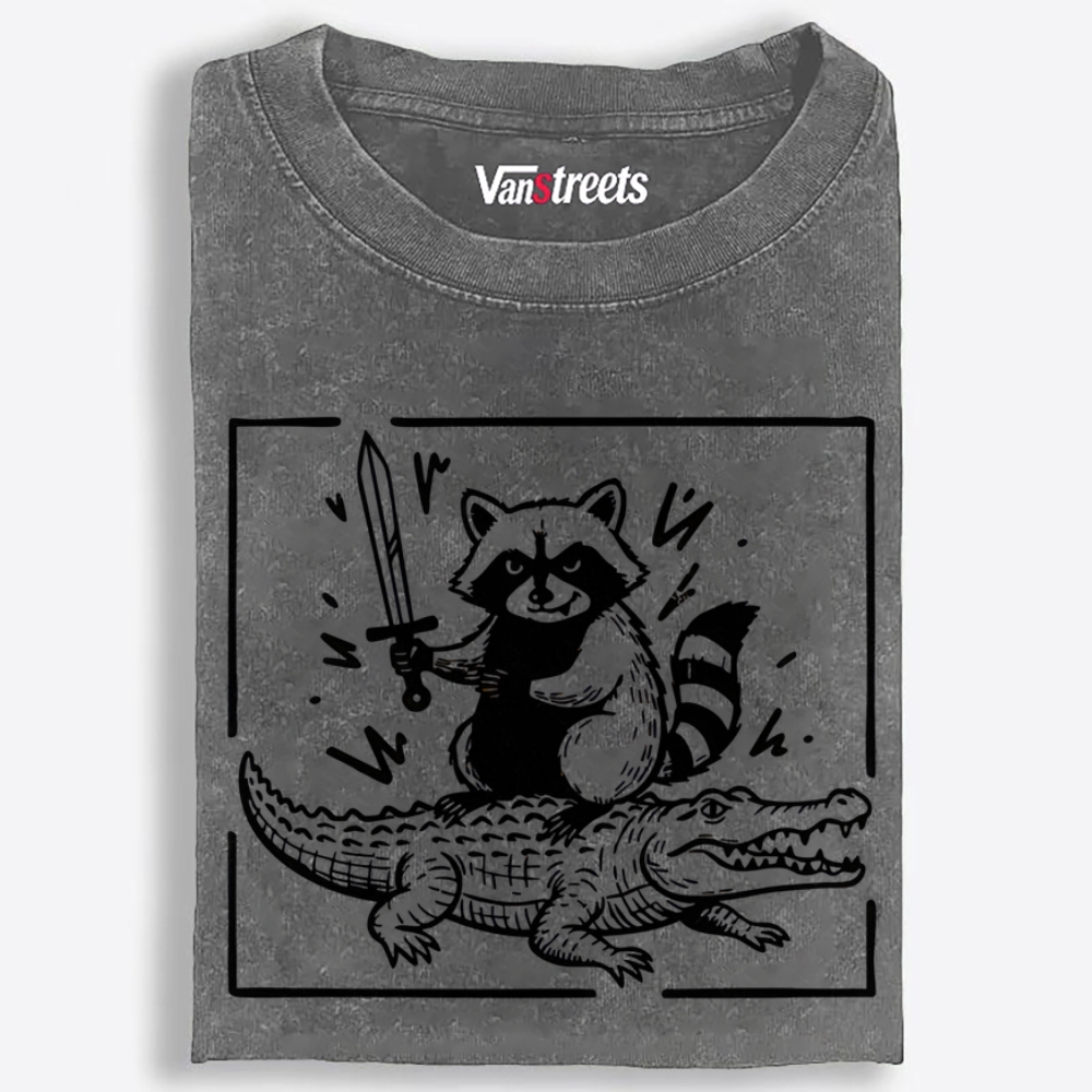 Raccoon Knight Riding Crocodile Retro Washed T-Shirt | 100% Cotton | Streetwear Essential