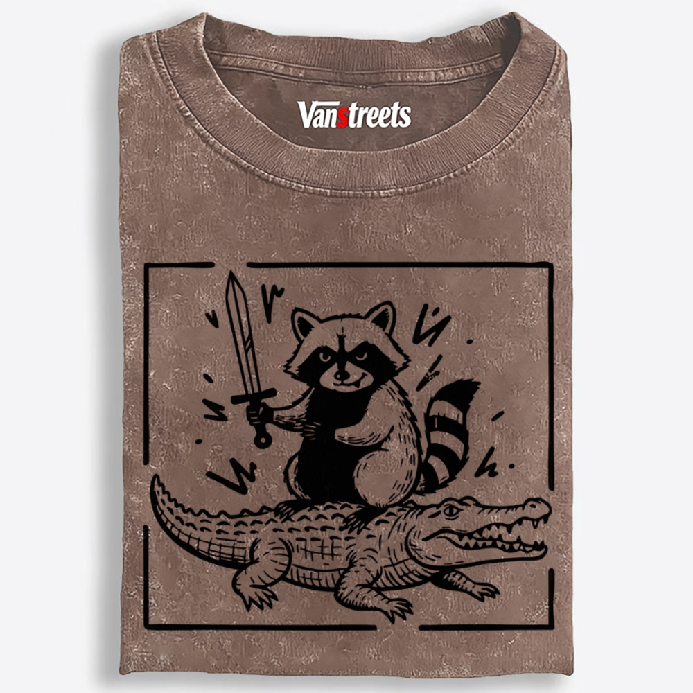 Raccoon Knight Riding Crocodile Retro Washed T-Shirt | 100% Cotton | Streetwear Essential