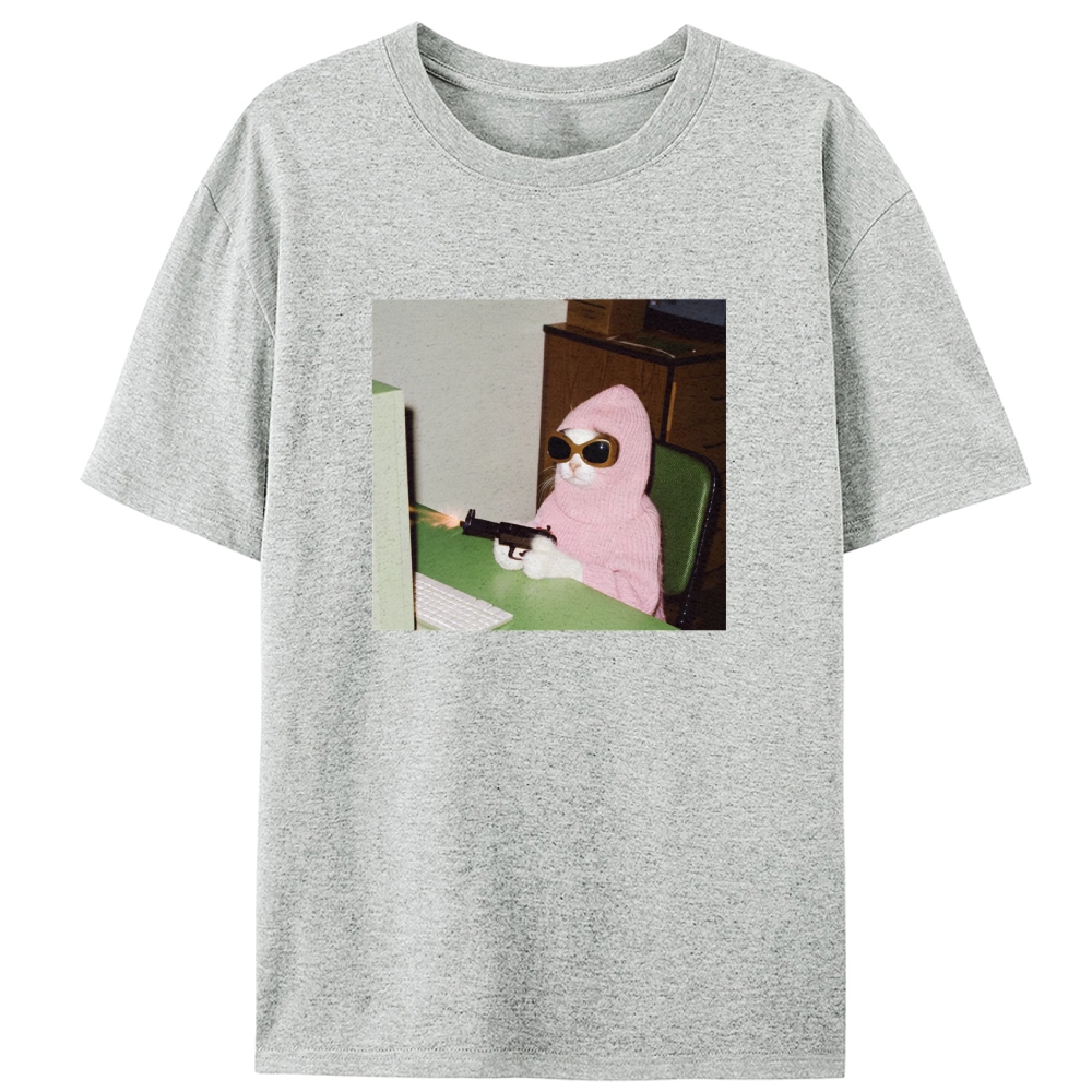 Pink Balaclava Gun Cat Retro Designed for Women - Slim Fit Cotton Tee