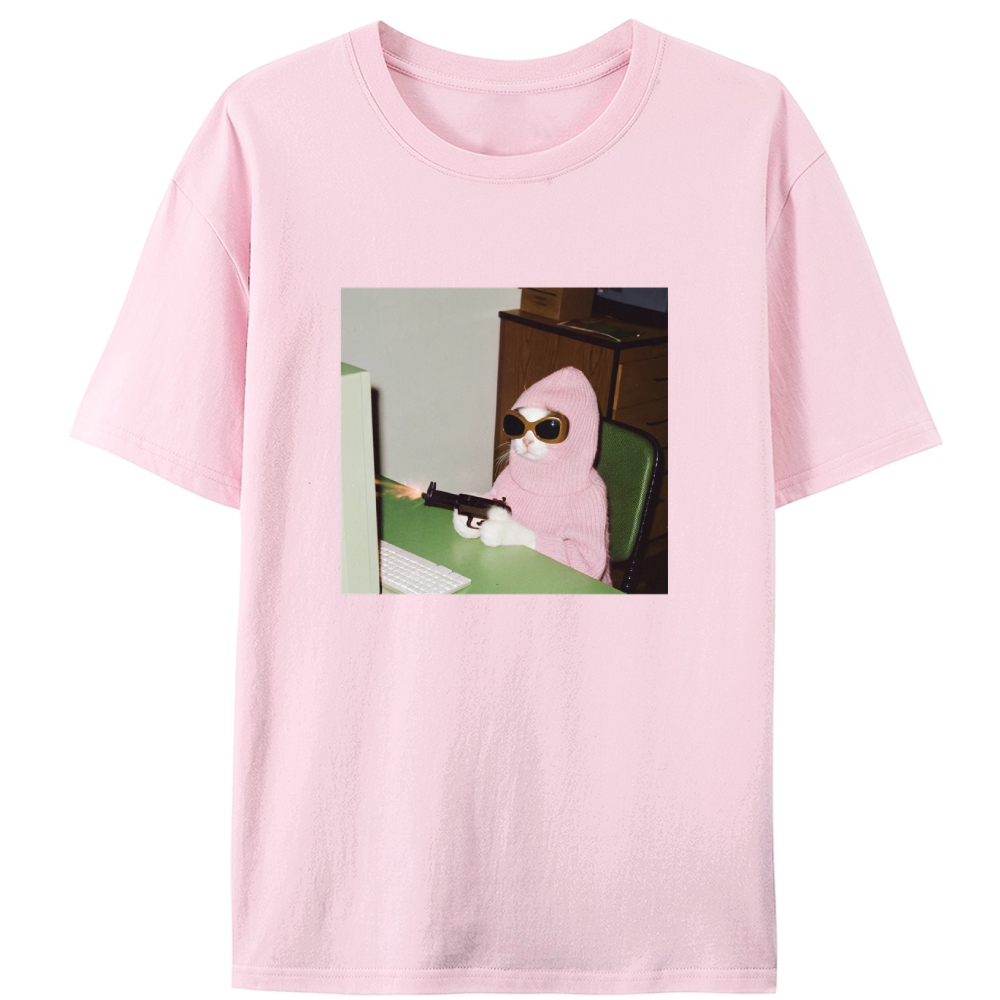 Pink Balaclava Gun Cat Retro Designed for Women - Slim Fit Cotton Tee