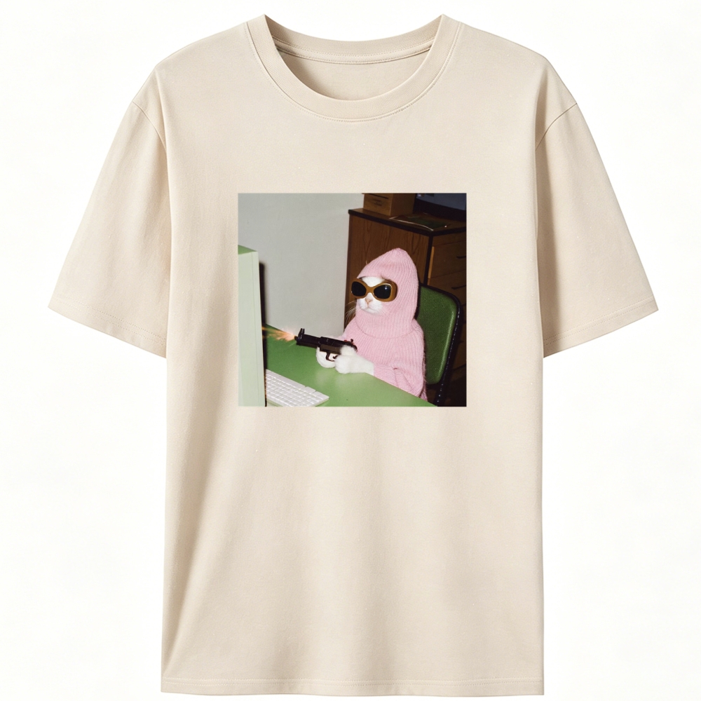 Pink Balaclava Gun Cat Retro Designed for Women - Slim Fit Cotton Tee