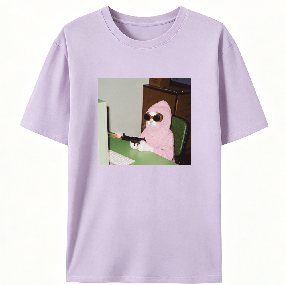 Pink Balaclava Gun Cat Retro Designed for Women - Slim Fit Cotton Tee