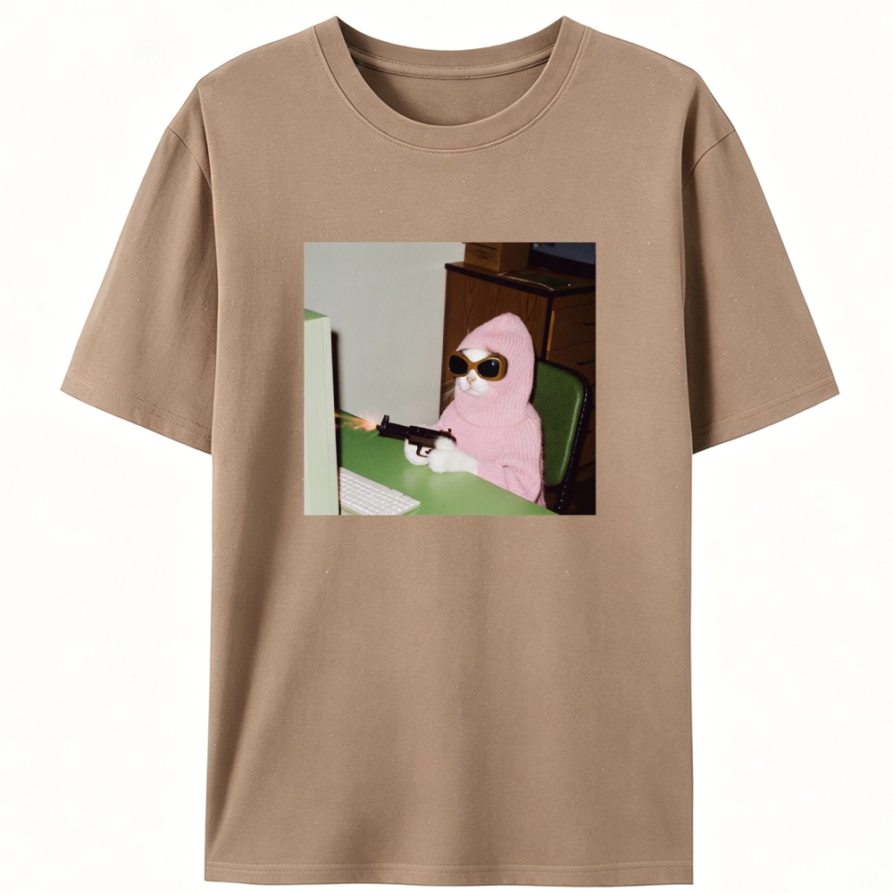 Pink Balaclava Gun Cat Retro Designed for Women - Slim Fit Cotton Tee