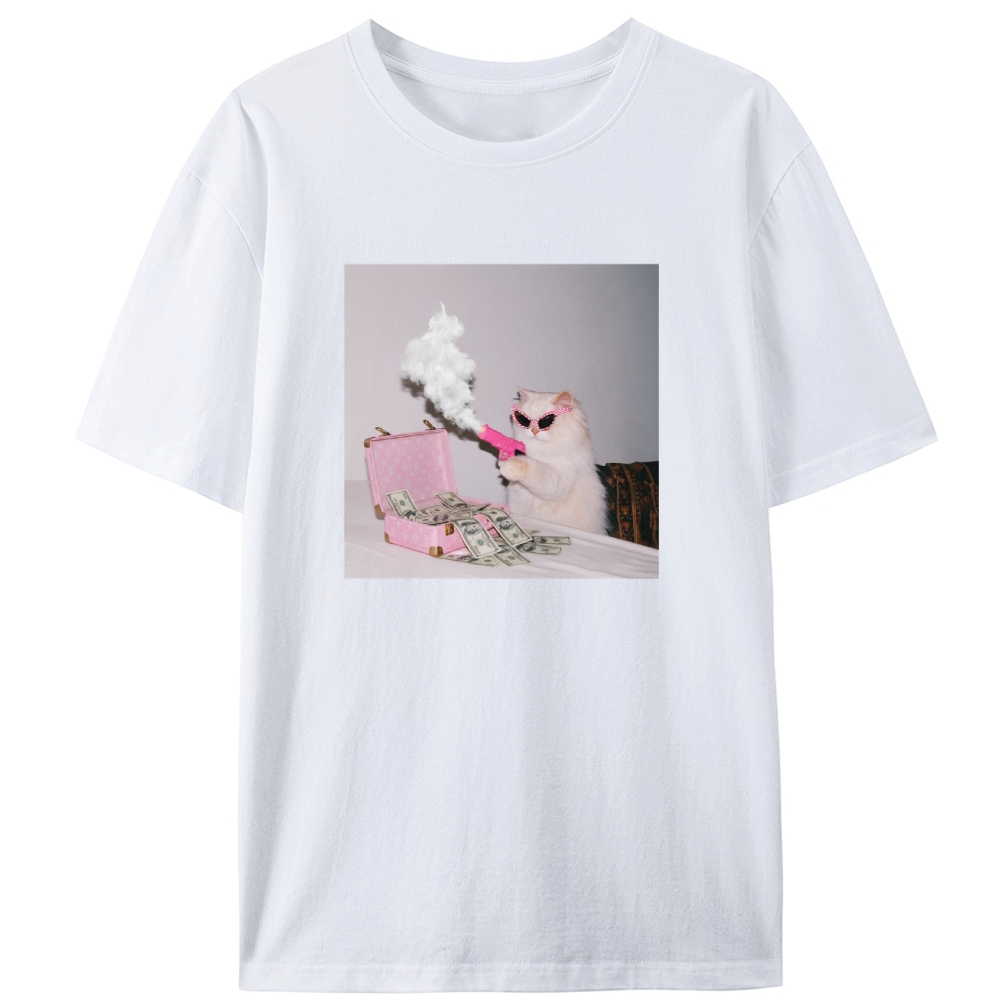 Rich Pink Gun Cat Retro Designed for Women - Slim Fit Cotton Tee
