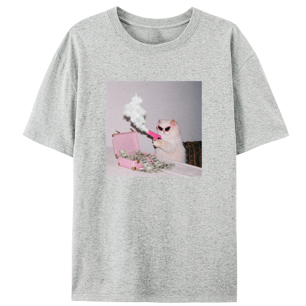 Rich Pink Gun Cat Retro Designed for Women - Slim Fit Cotton Tee
