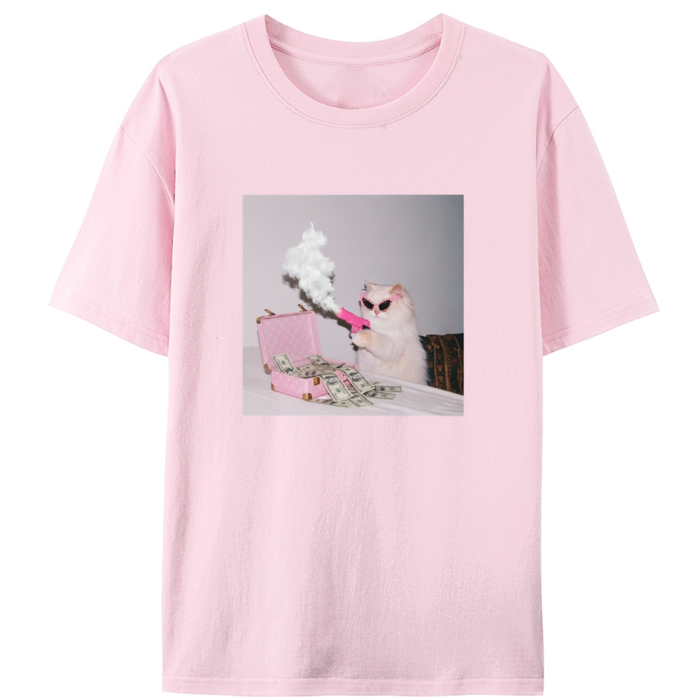 Rich Pink Gun Cat Retro Designed for Women - Slim Fit Cotton Tee