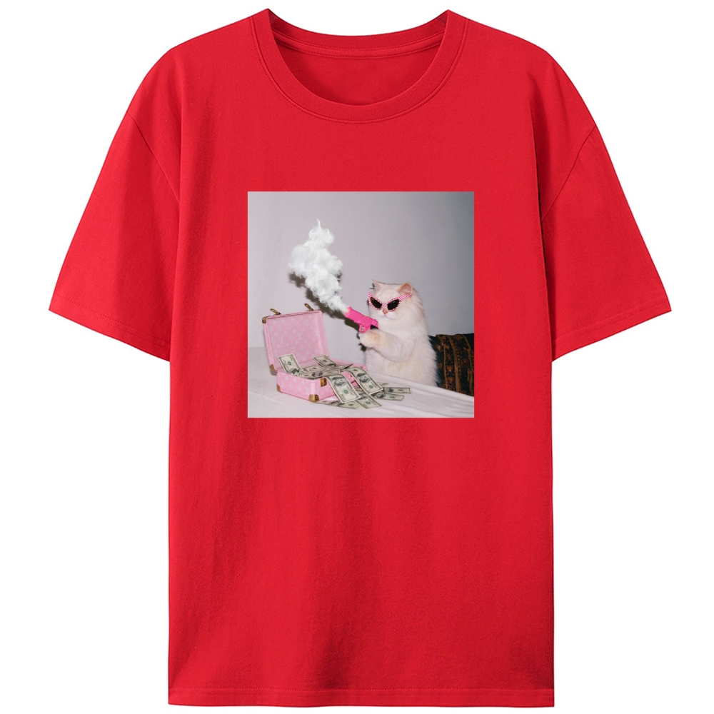 Rich Pink Gun Cat Retro Designed for Women - Slim Fit Cotton Tee