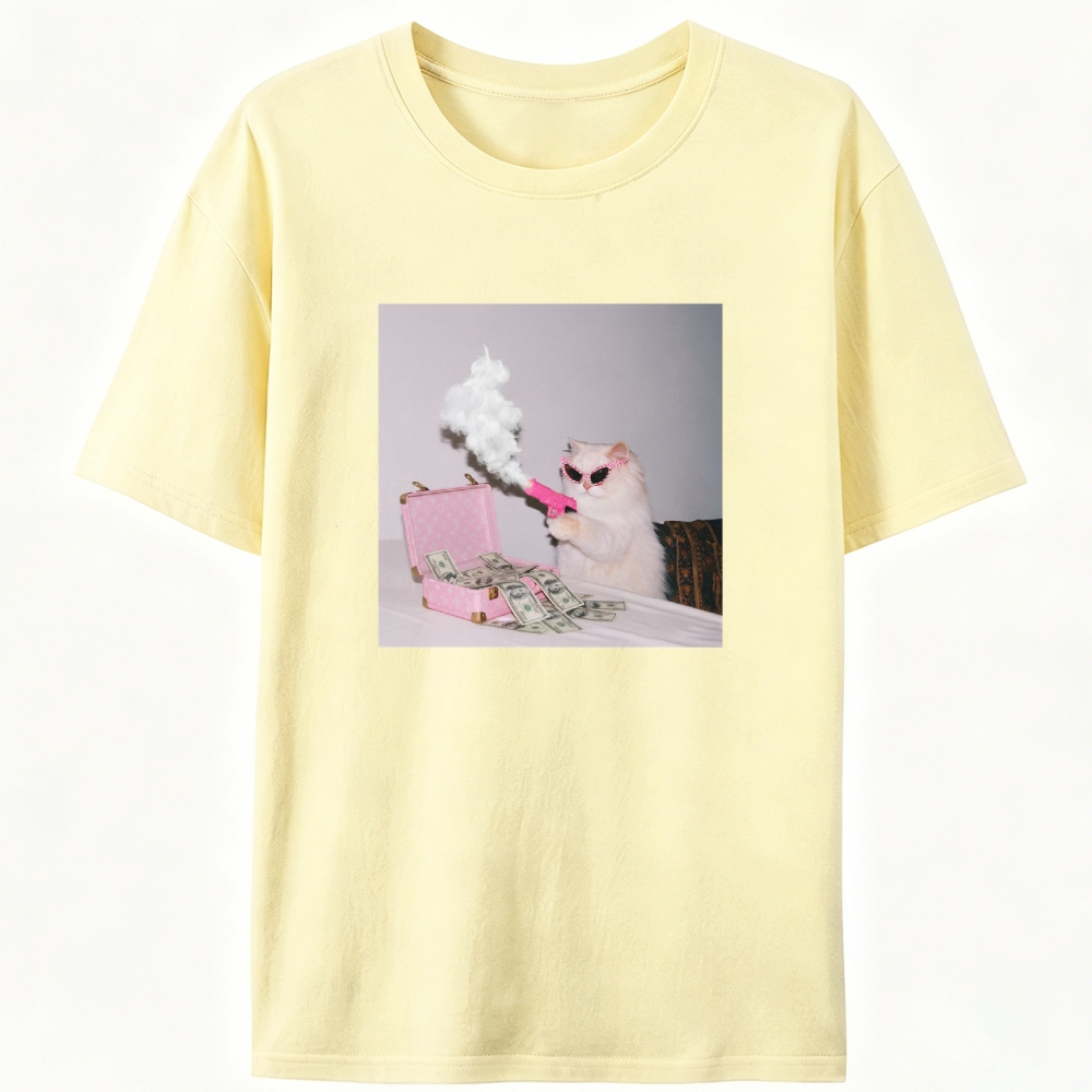 Rich Pink Gun Cat Retro Designed for Women - Slim Fit Cotton Tee